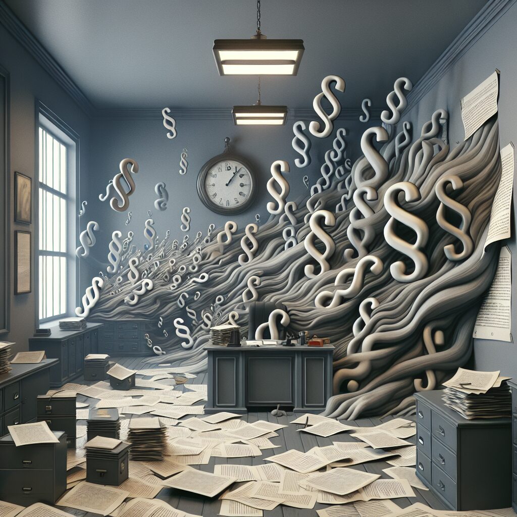 a picture with paragraph characters jumping out of office paper in a grey office room
